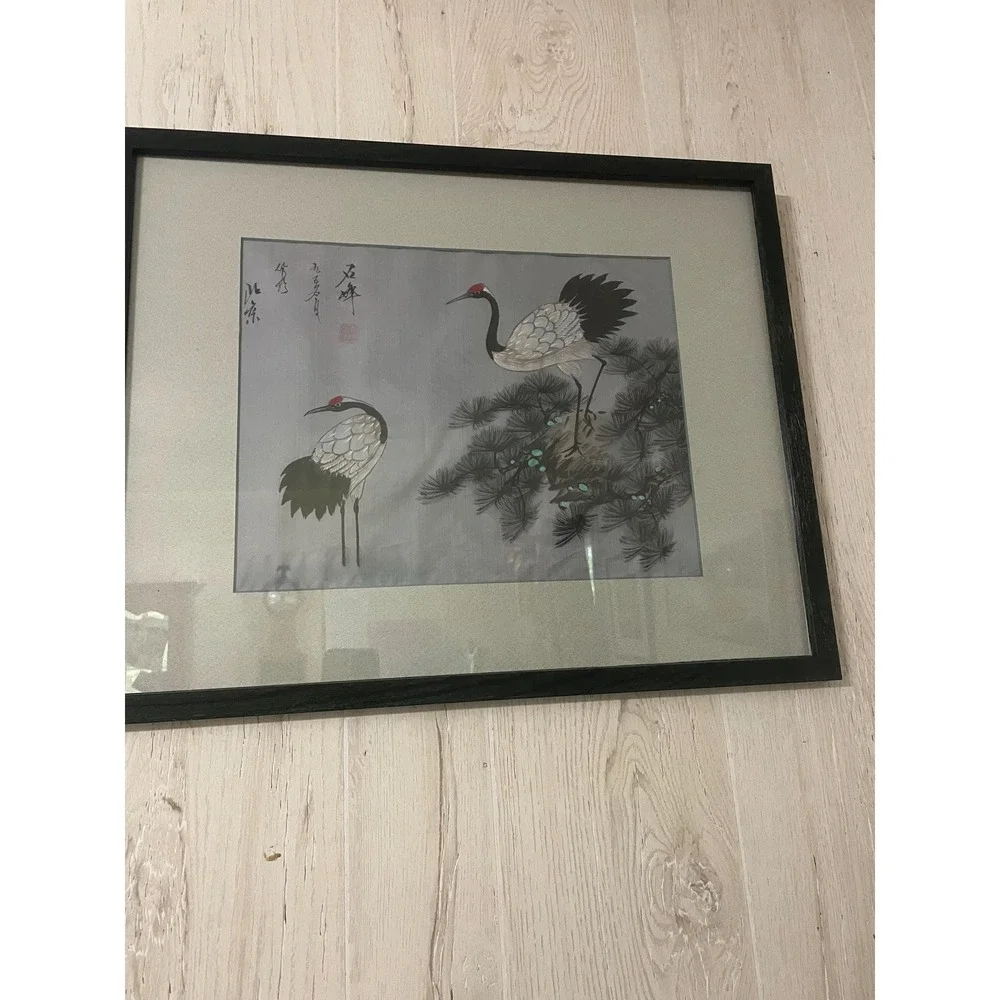 Vintage Japanese Handmade Silk Embroidery Wall Art Framed 2 Birds